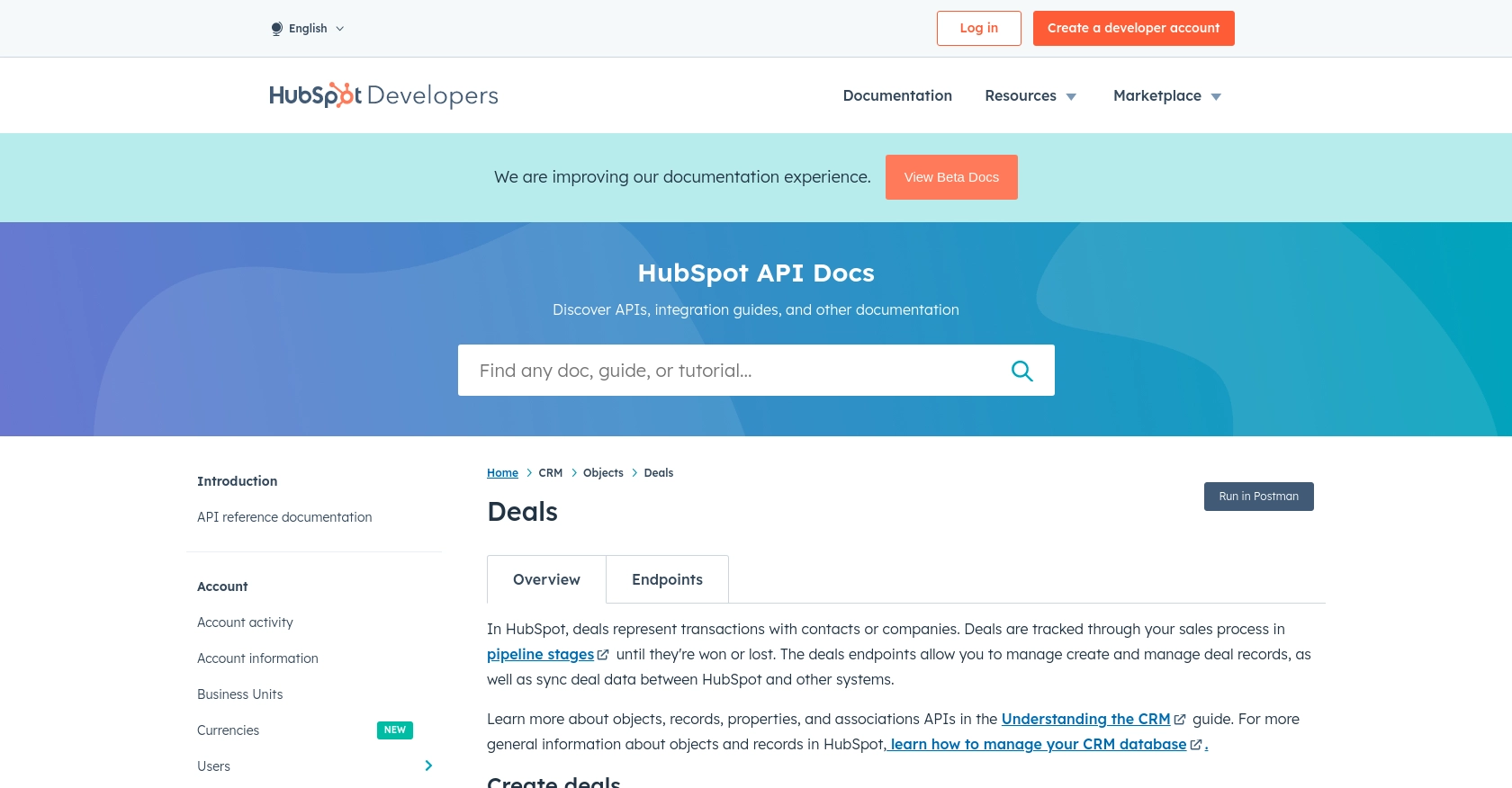 Hubspot API call documentation page.