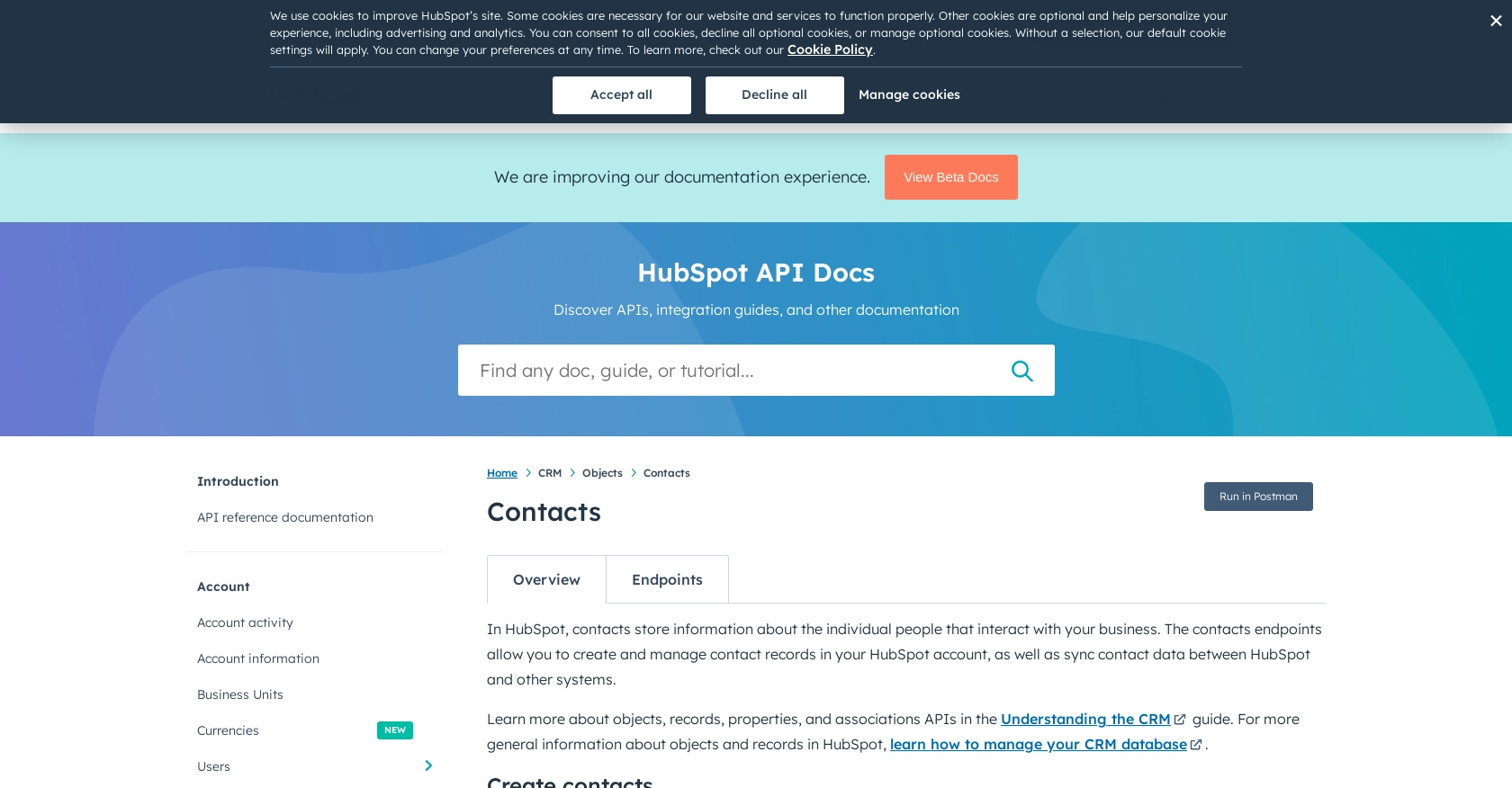 Hubspot API call documentation page.