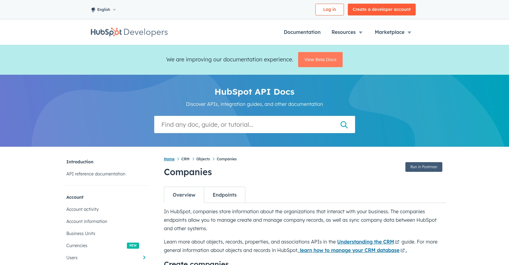 Hubspot API call documentation page.