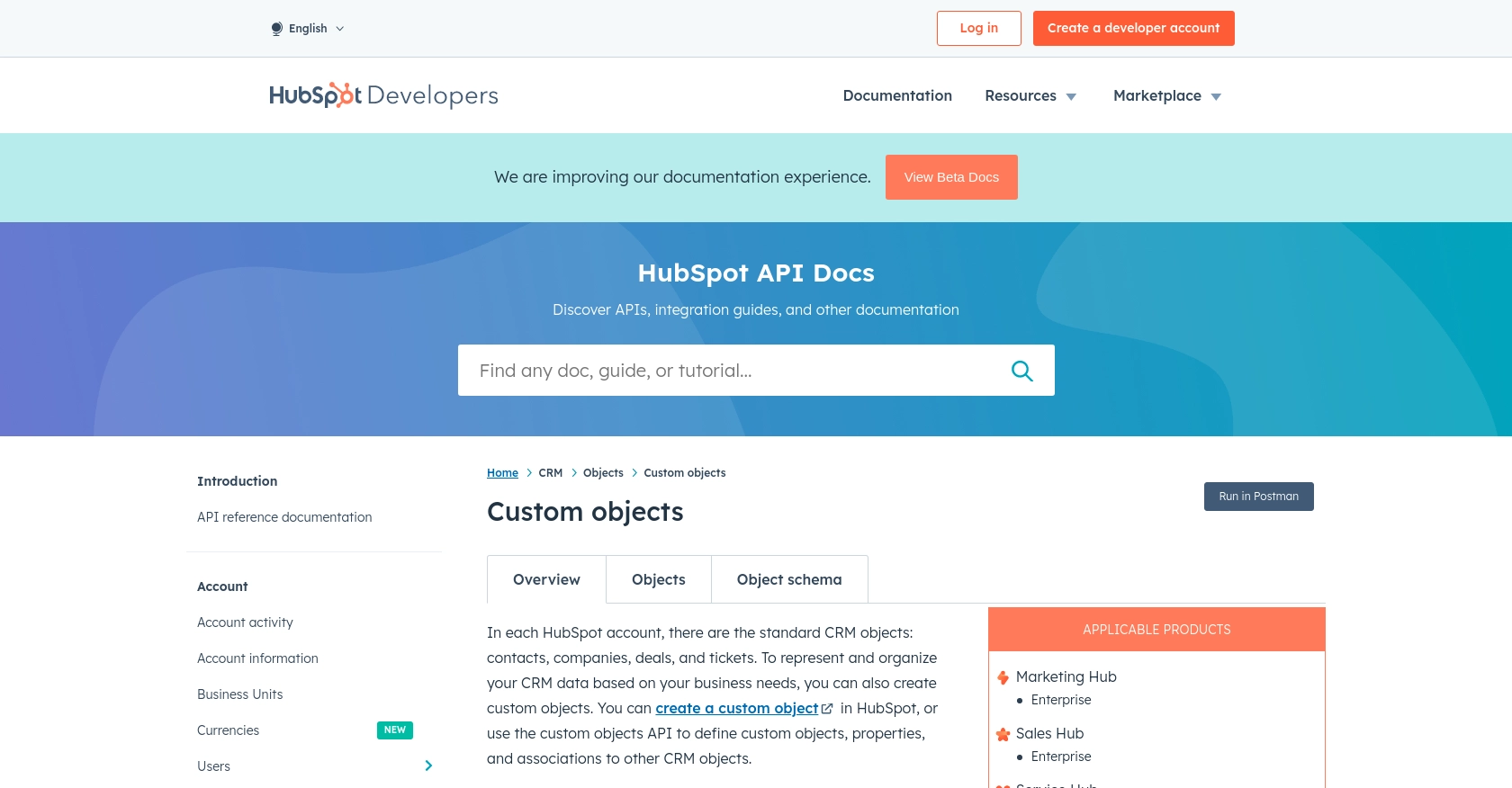 Hubspot API call documentation page.