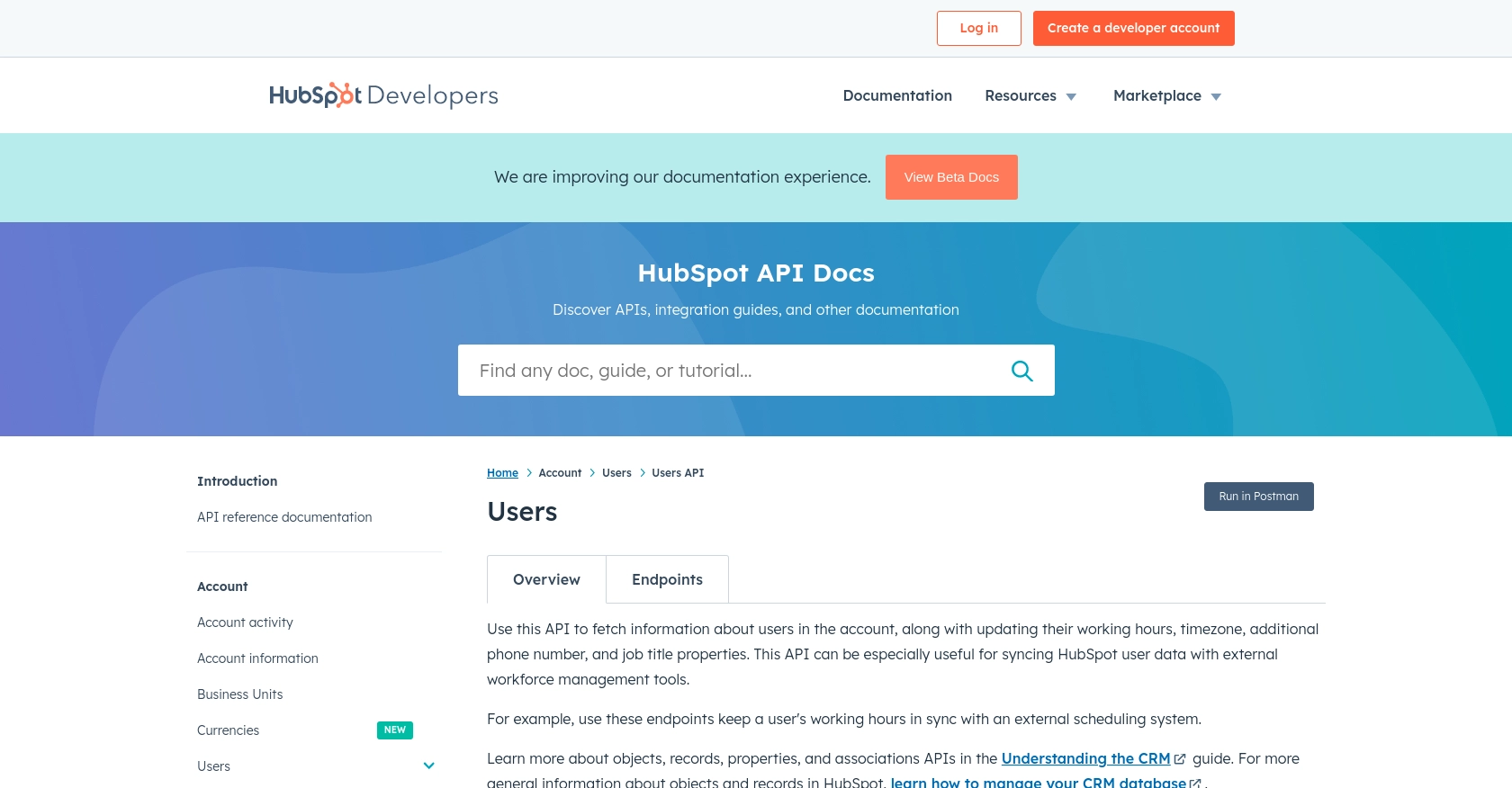 Hubspot API call documentation page.