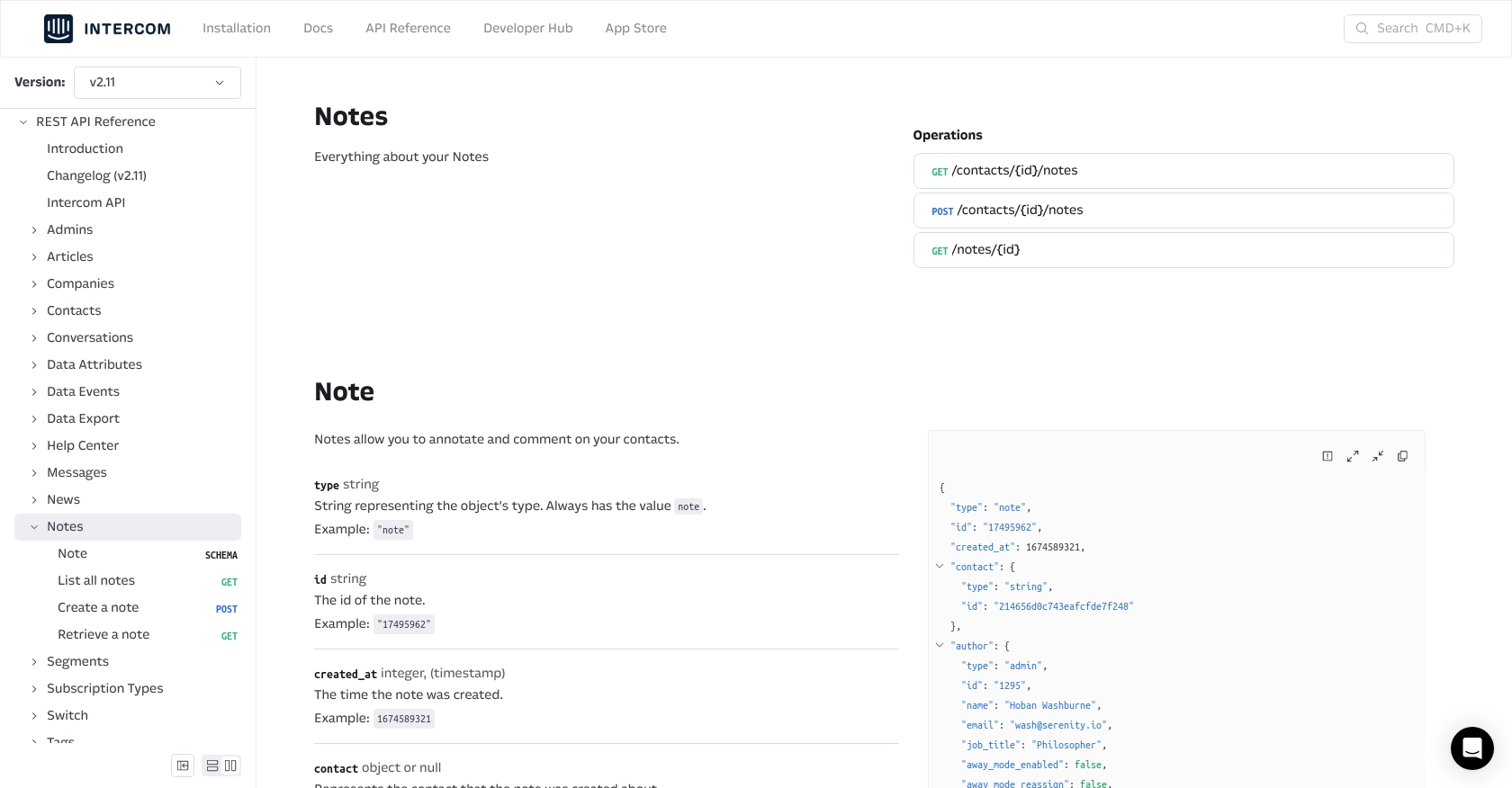 Intercom API call documentation page.