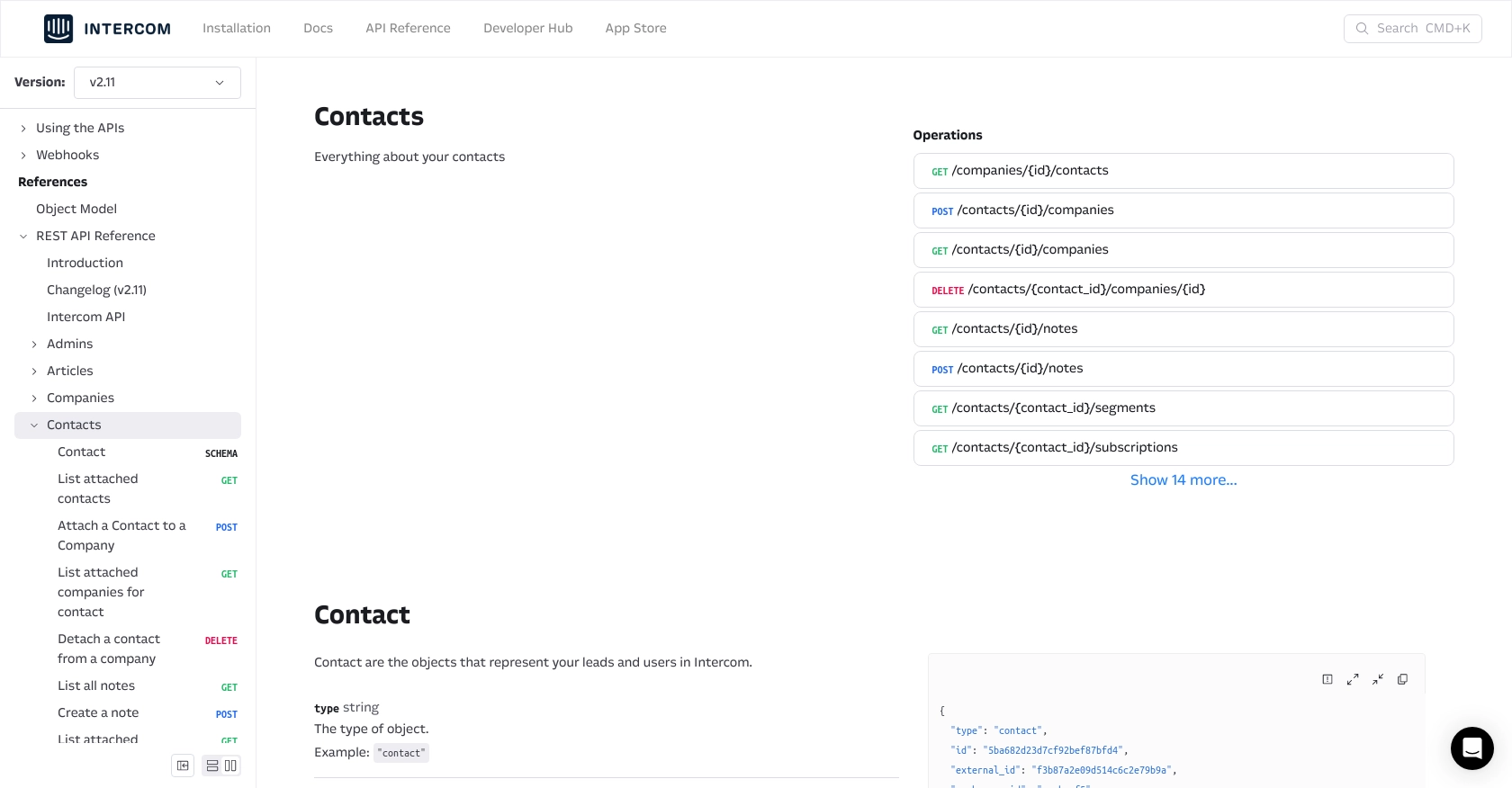 Intercom API call documentation page.