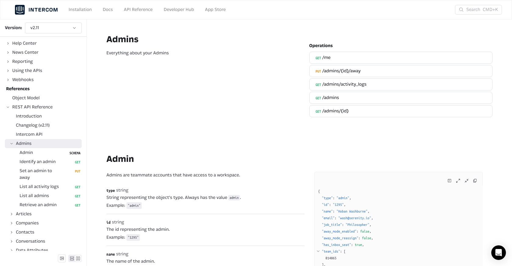 Intercom API call documentation page.