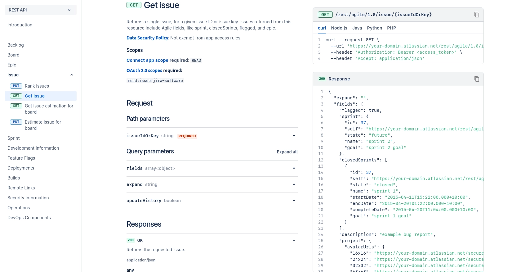 Jira API call documentation page.