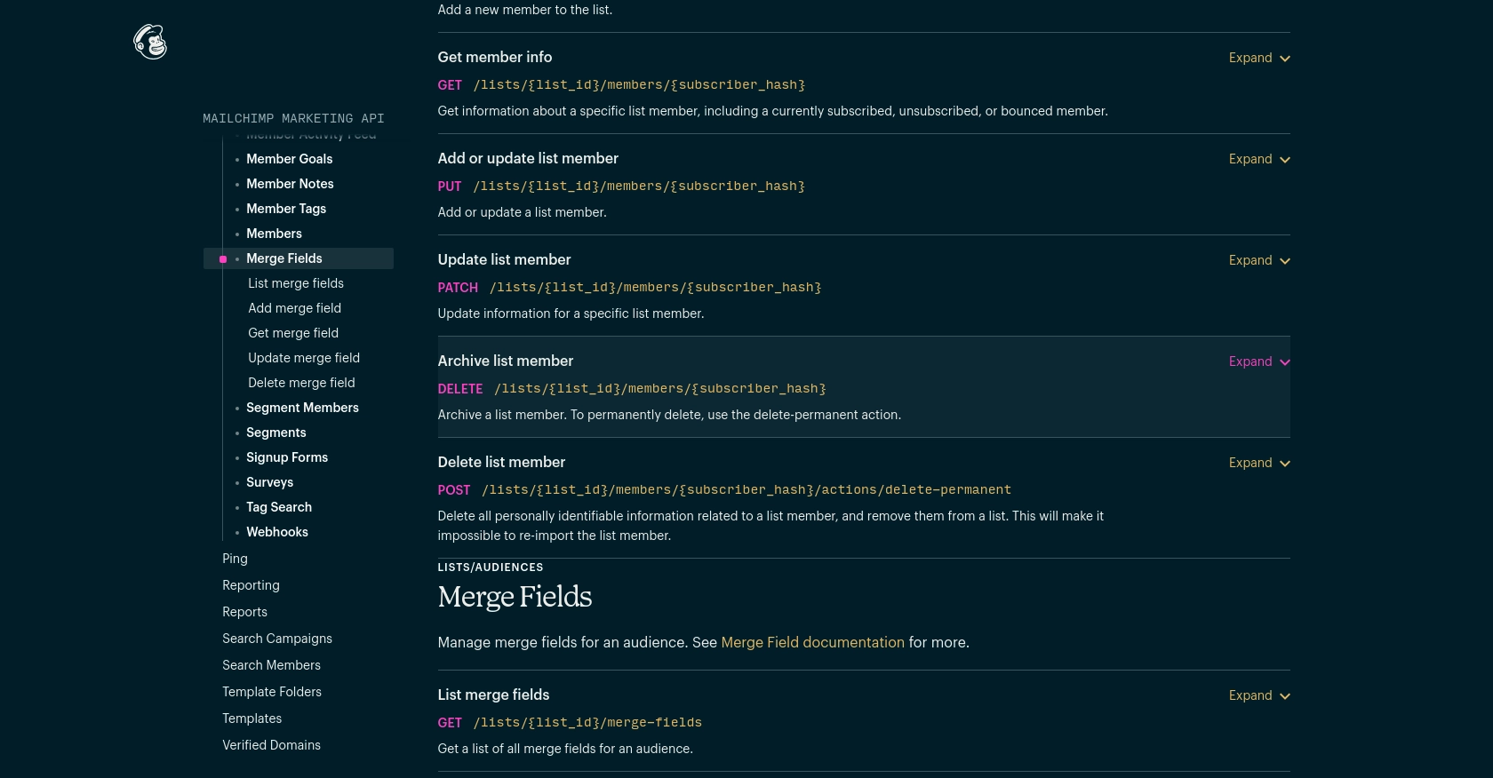 Mailchimp API call documentation page.