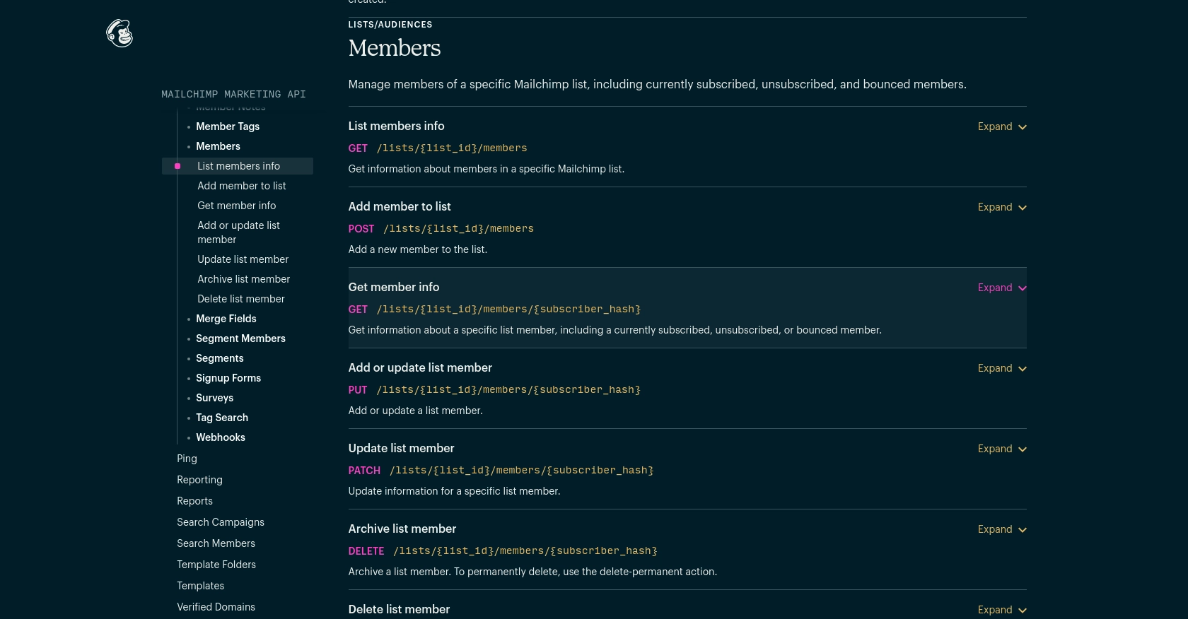 Mailchimp API call documentation page.