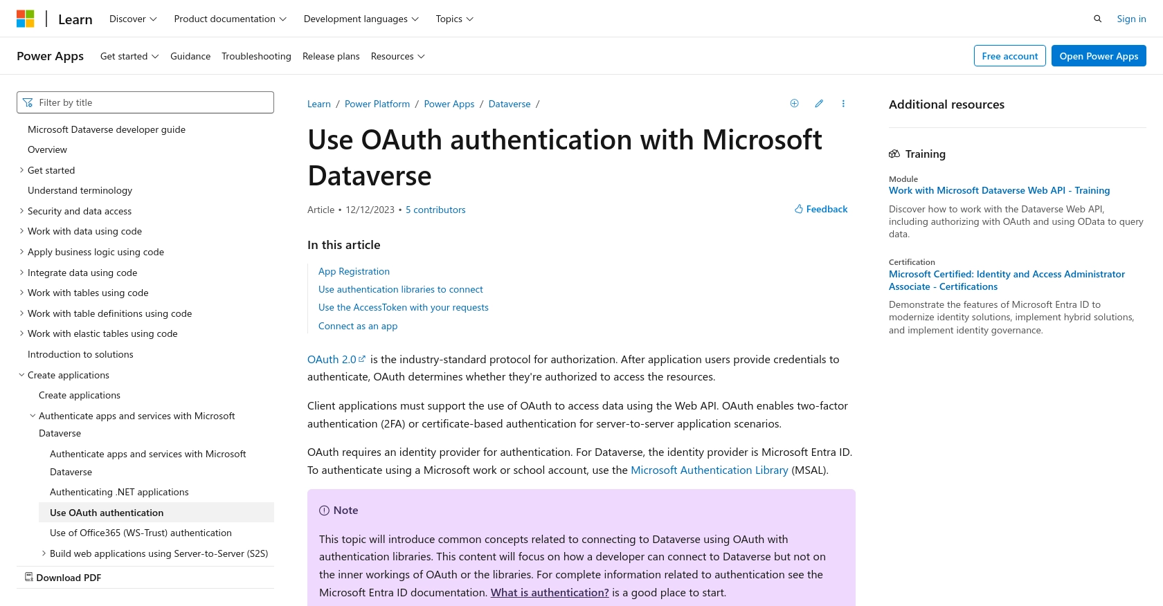 Microsoft Dynamics 365 authentication documentation page.