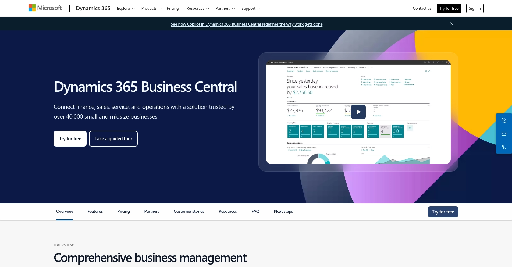 Microsoft Dynamics 365 Business Central homepage