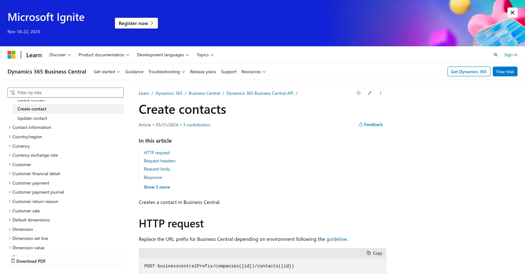 Microsoft Dynamics 365 Business Central API call documentation page.