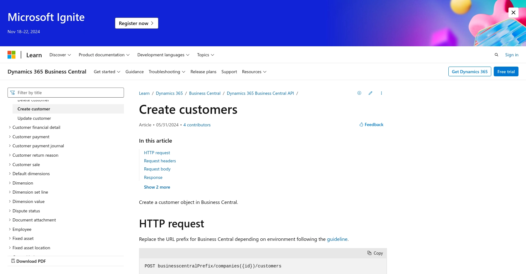 Microsoft Dynamics 365 Business Central API call documentation page.