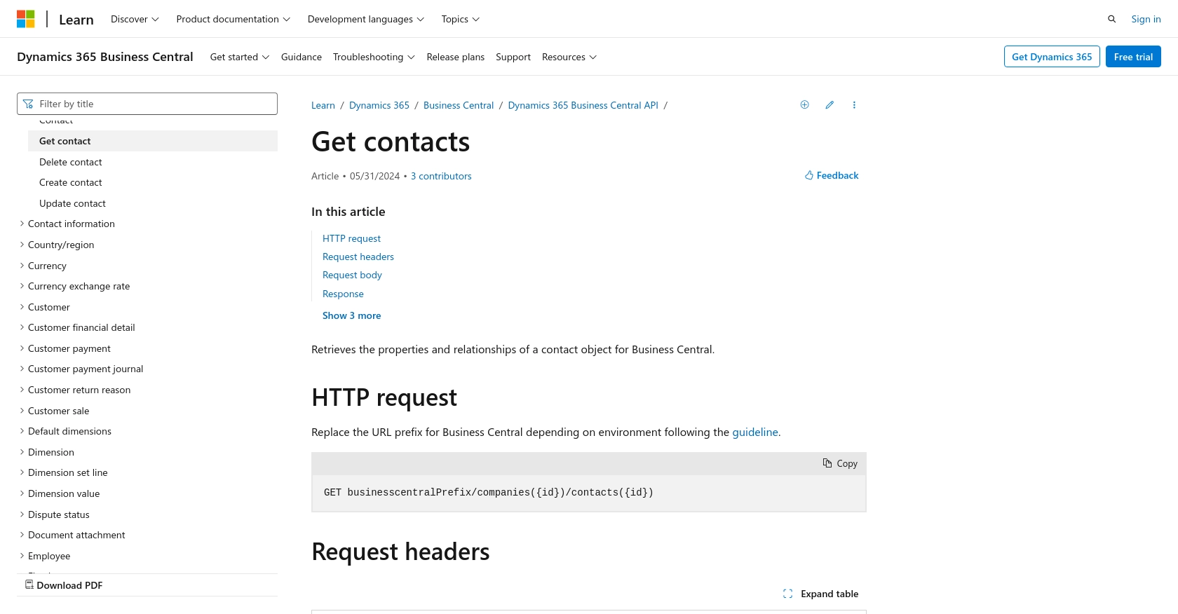 Microsoft Dynamics 365 Business Central API call documentation page.