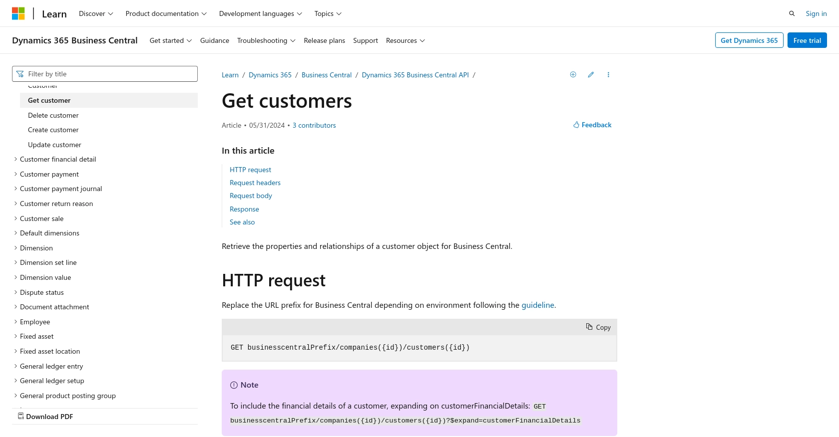 Microsoft Dynamics 365 Business Central API call documentation page.