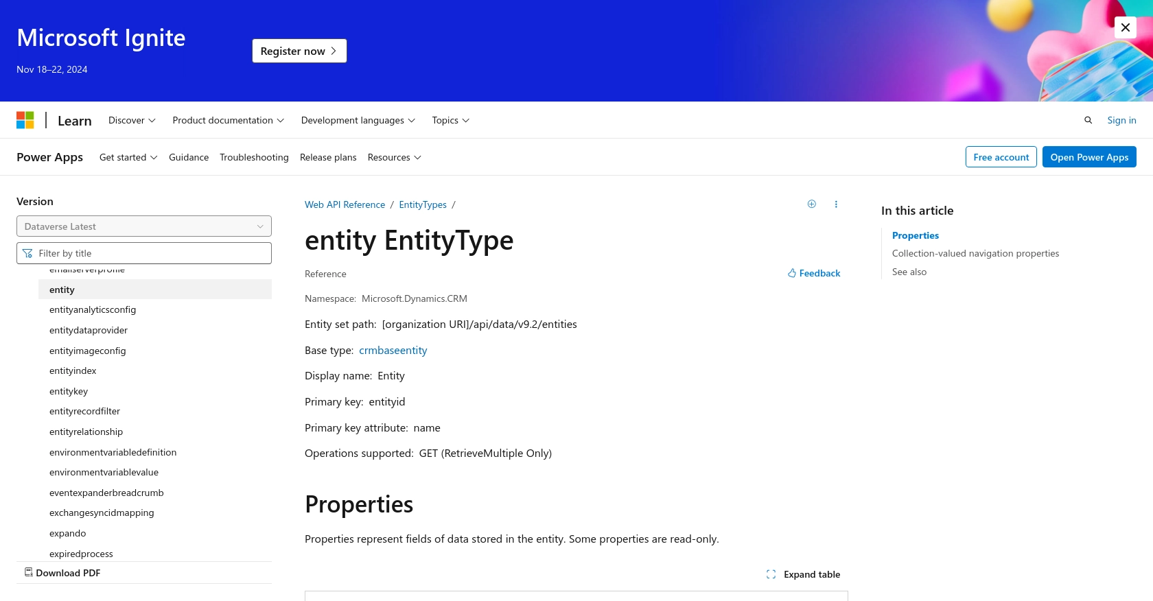 Microsoft Dynamics 365 API call documentation page.