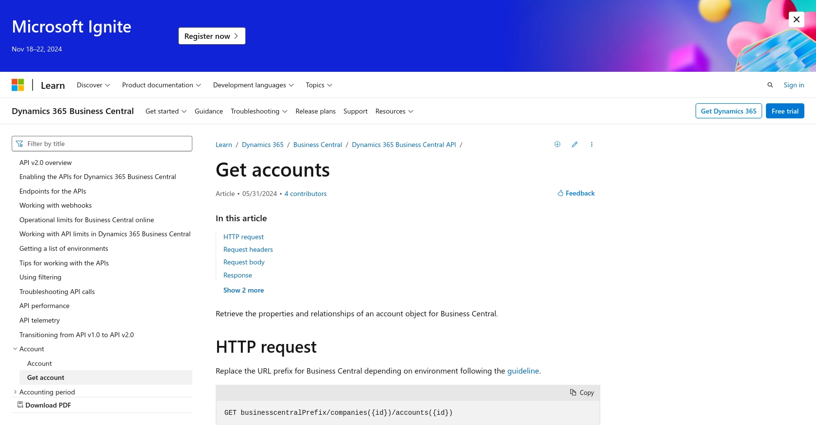 Microsoft Dynamics 365 API call documentation page.