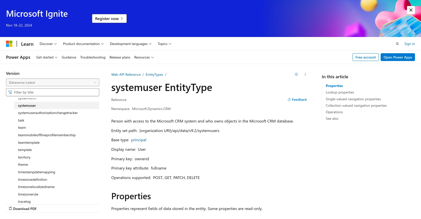 Microsoft Dynamics 365 API call documentation page.