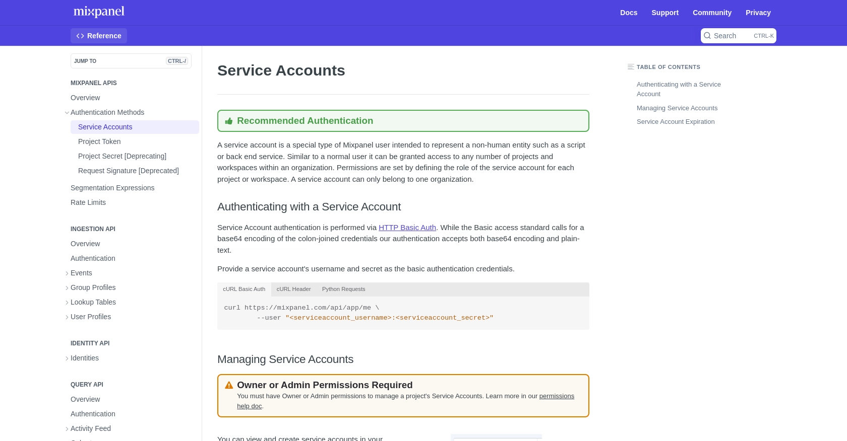 Mixpanel authentication documentation page.