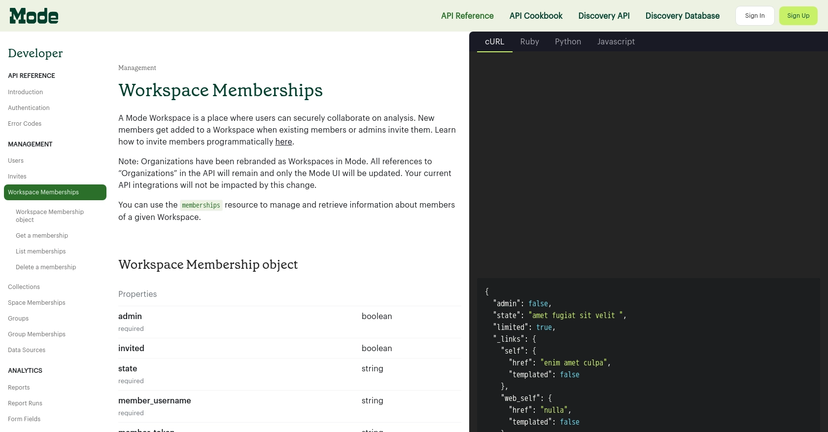 Mode API call documentation page.