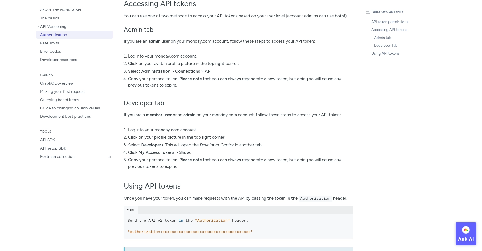 Monday.com authentication documentation page.