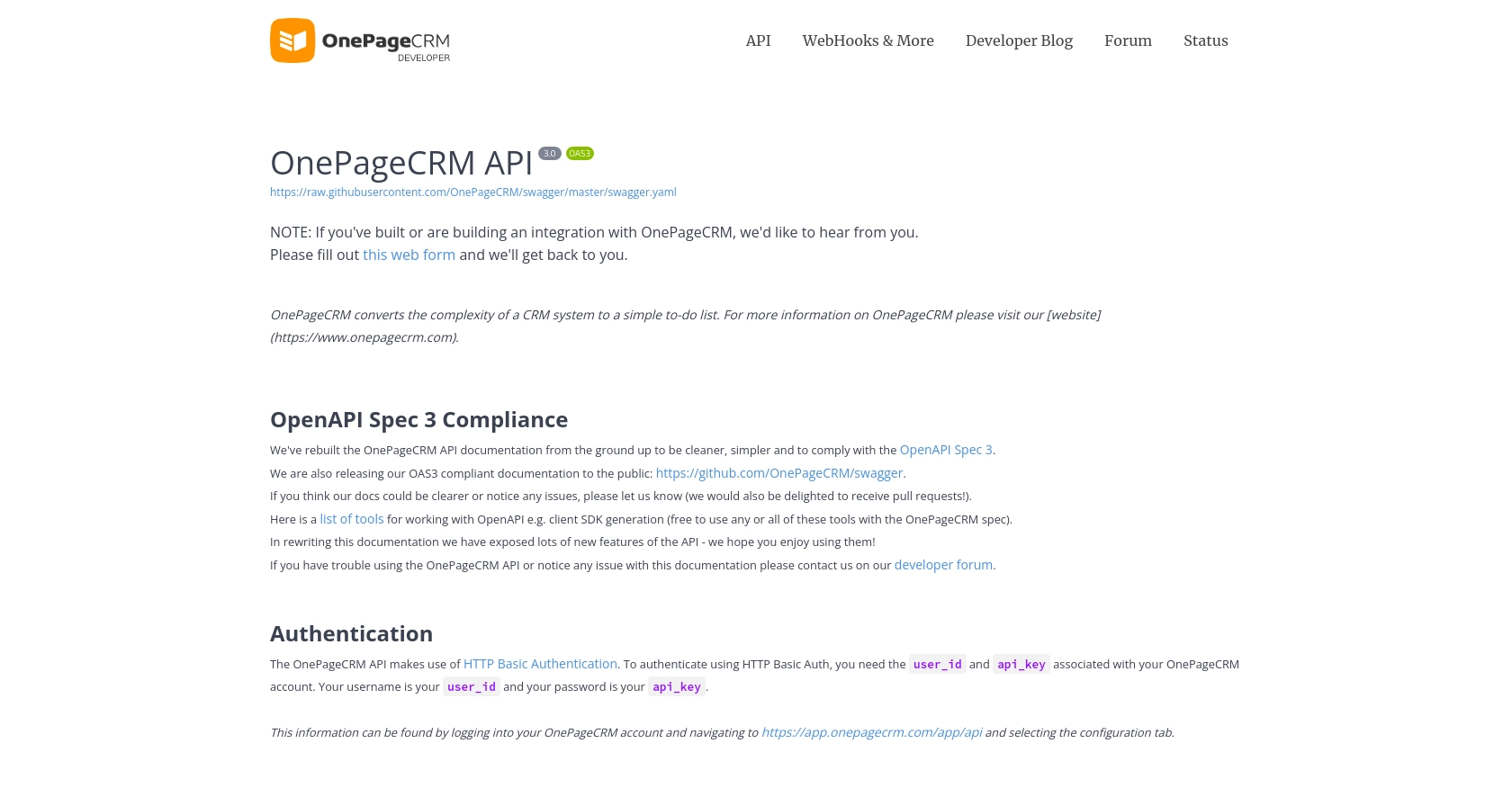 OnePageCRM authentication documentation page.