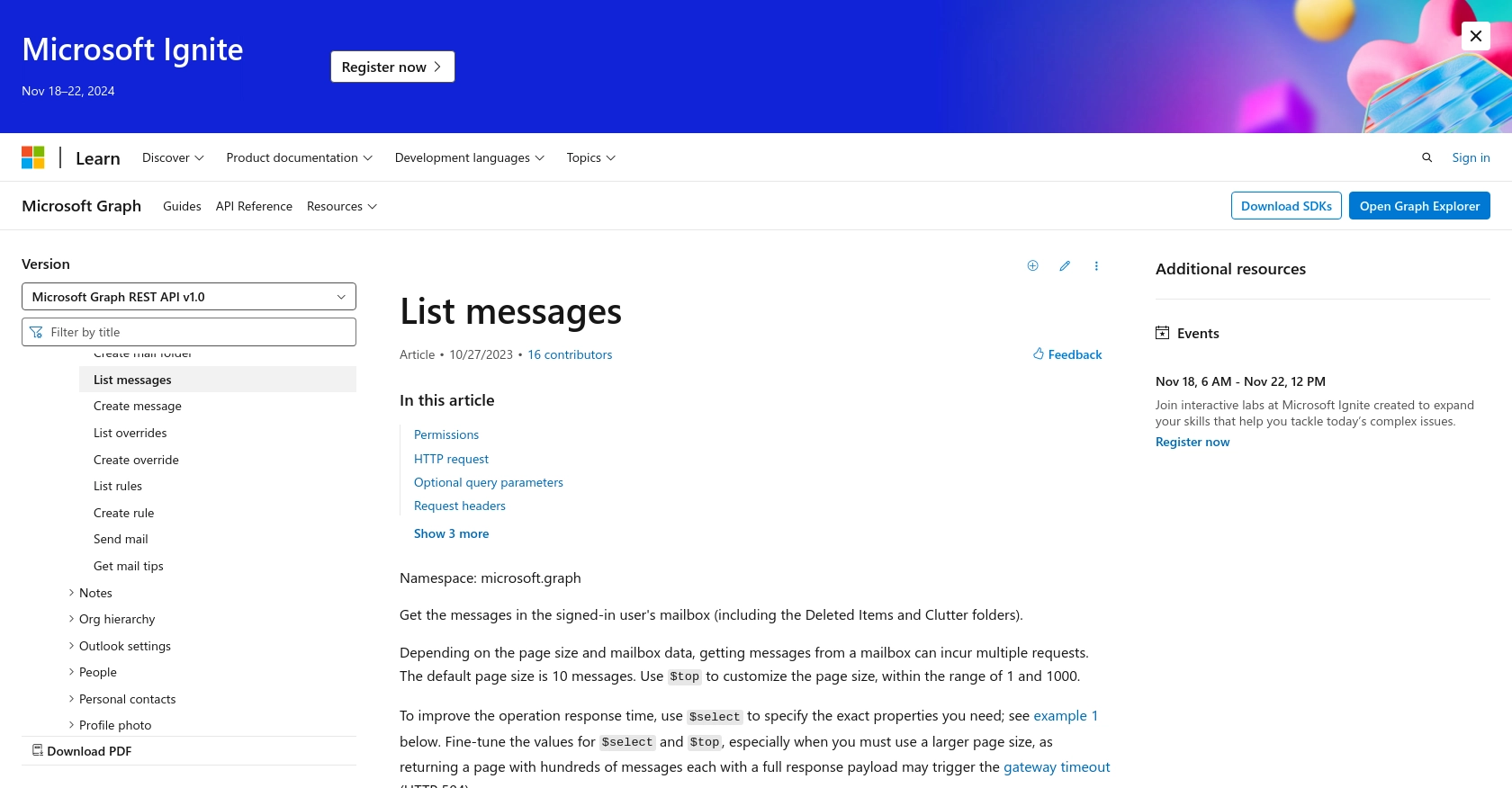 Outlook API call documentation page.