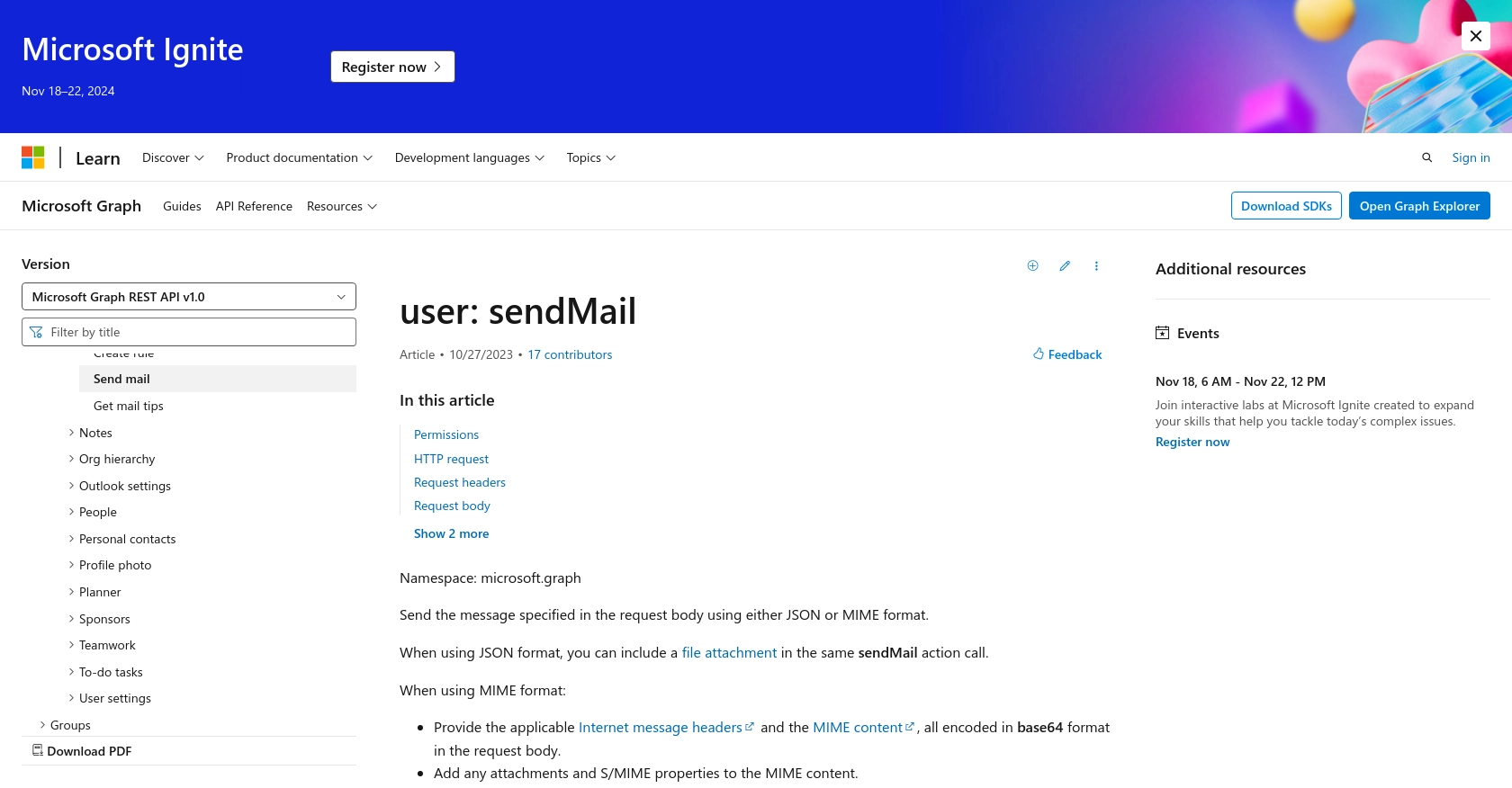 Outlook API call documentation page.