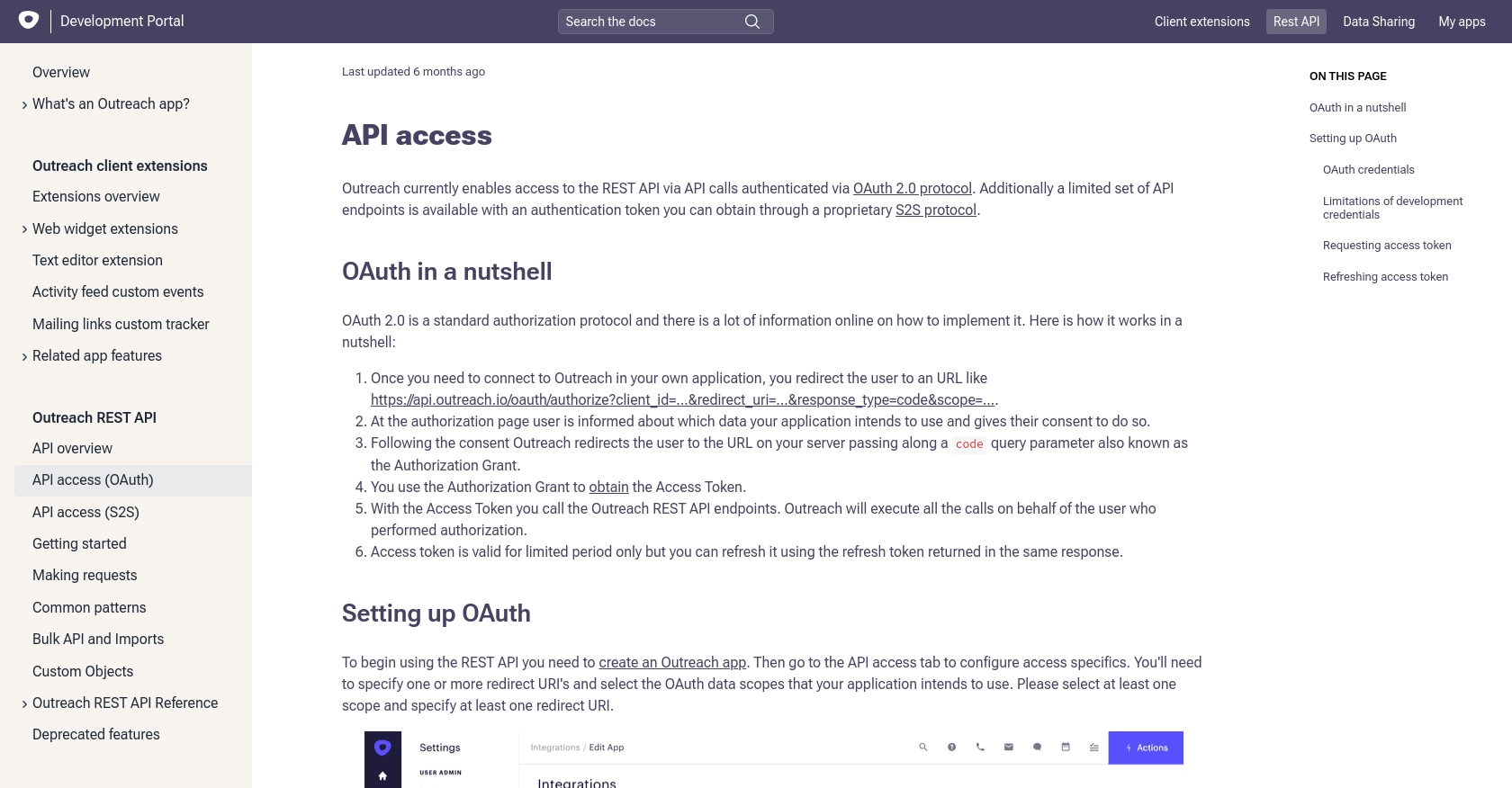 Outreach authentication documentation page.