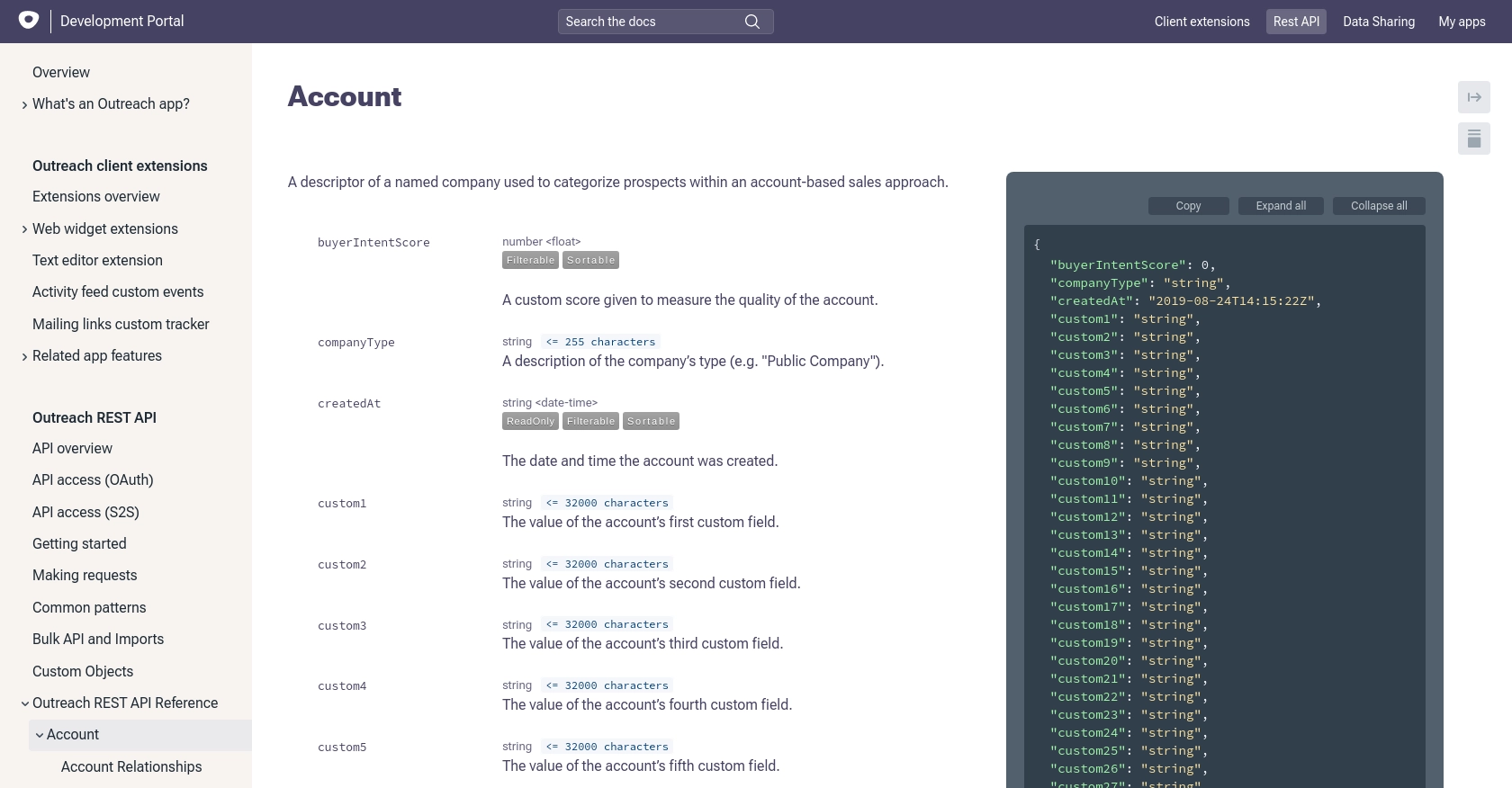 Outreach API call documentation page.