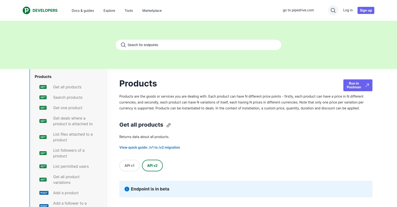 Pipedrive API call documentation page.