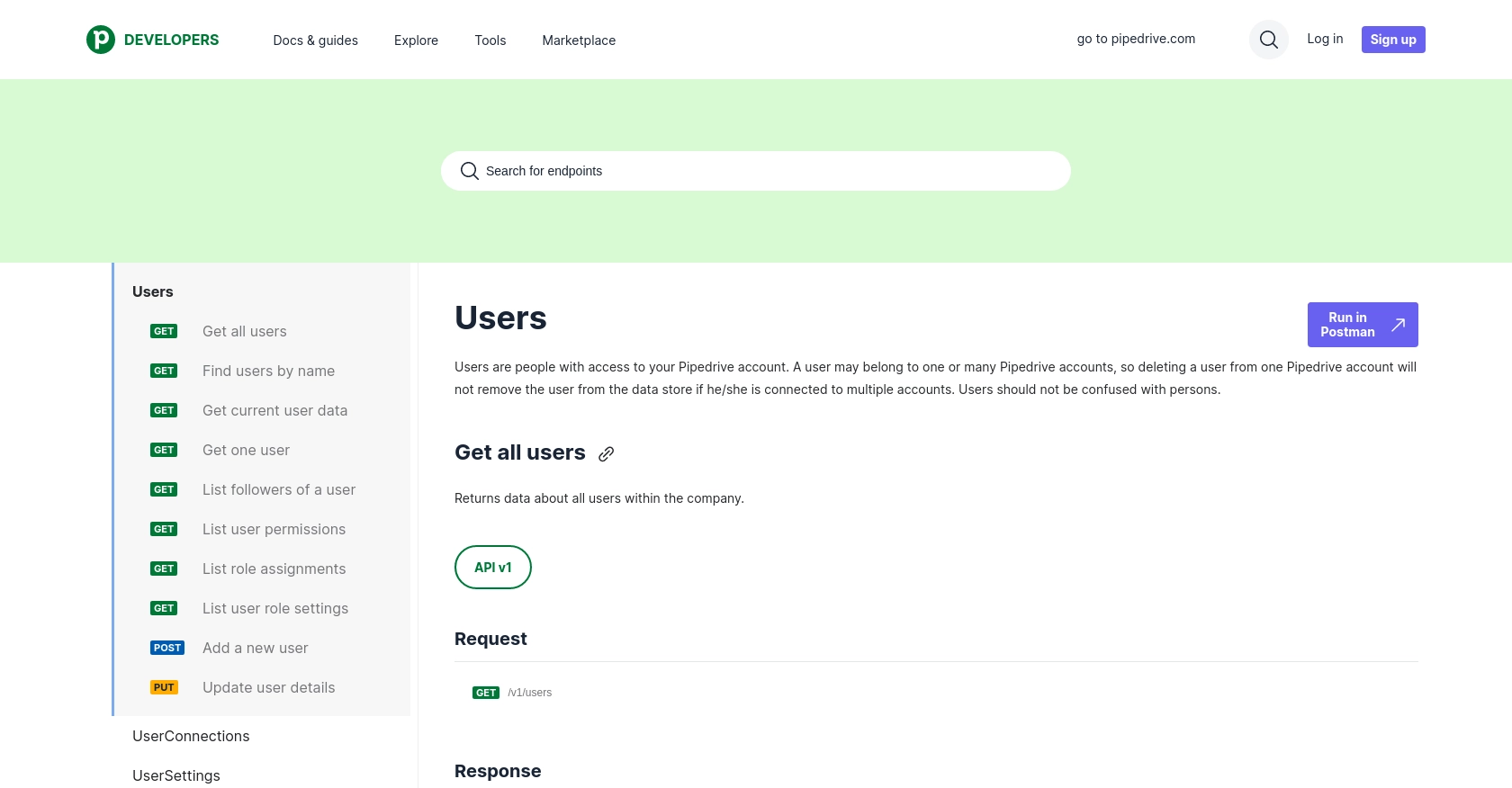 Pipedrive API call documentation page.