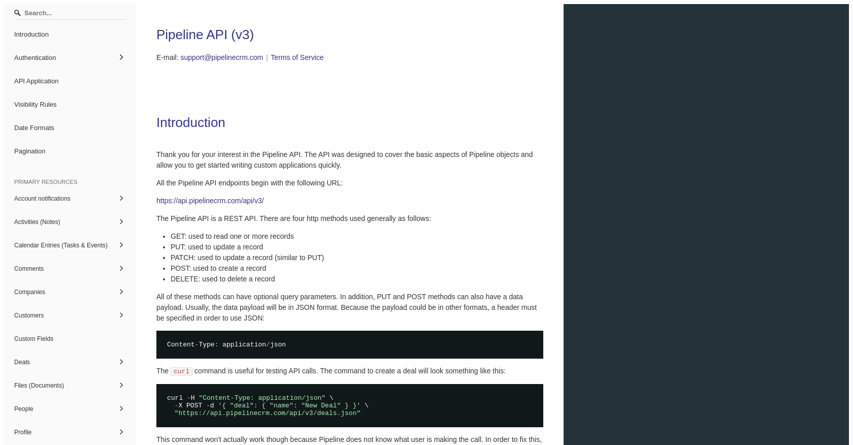 PipelineCRM authentication documentation page.