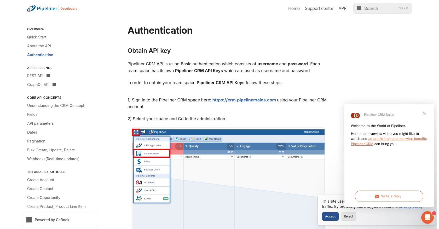 Pipeliner CRM authentication documentation page.