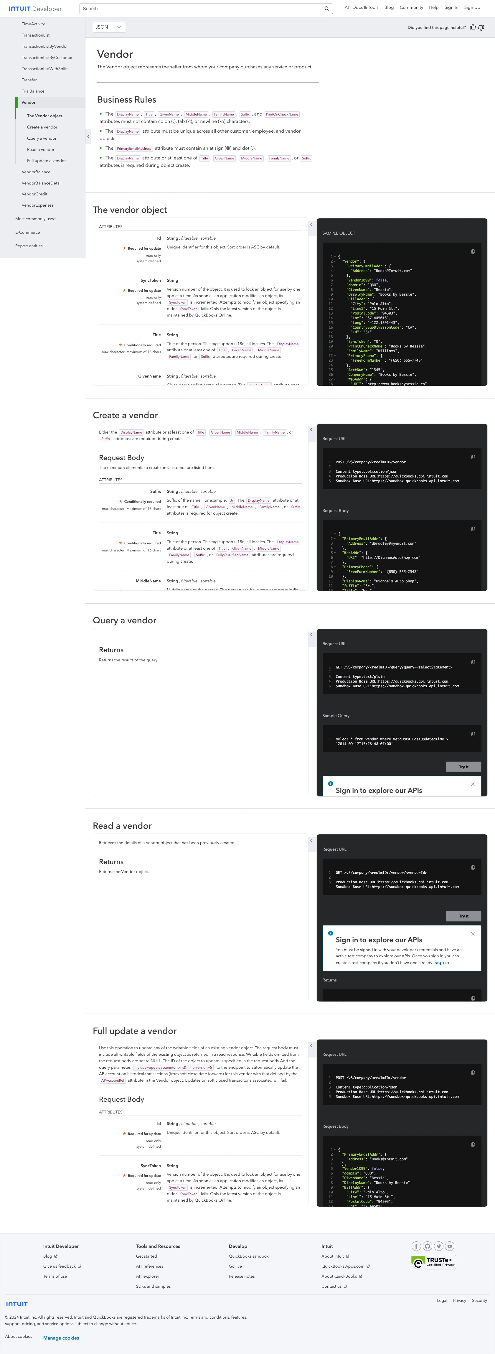 Quickbooks API call documentation page.