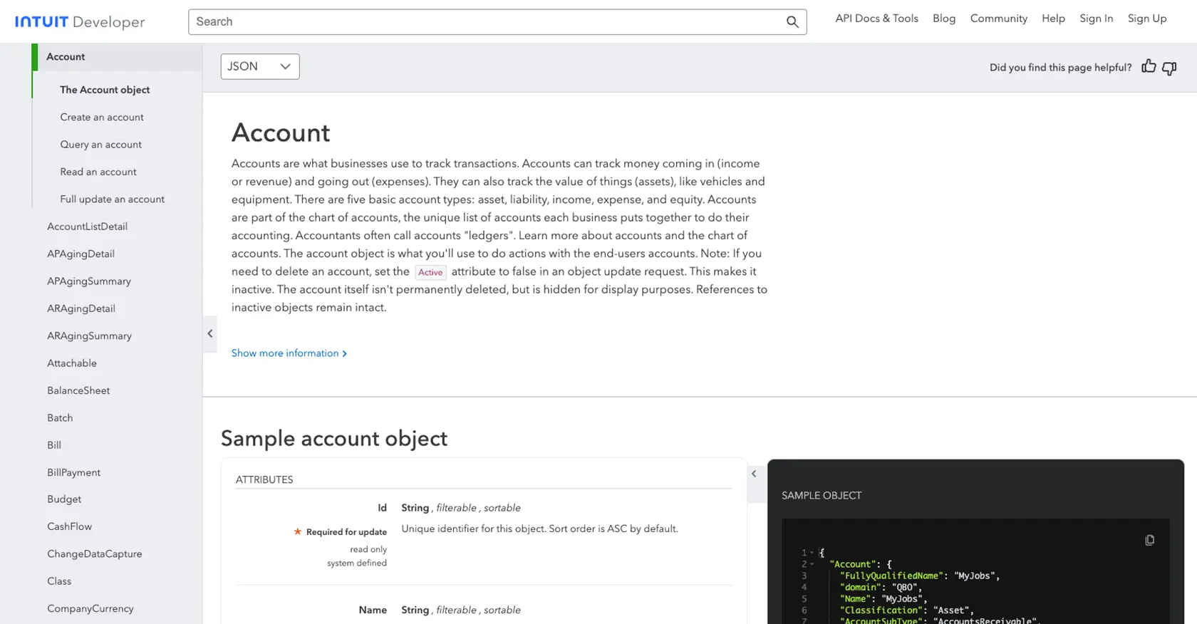 Quickbooks API call documentation page.