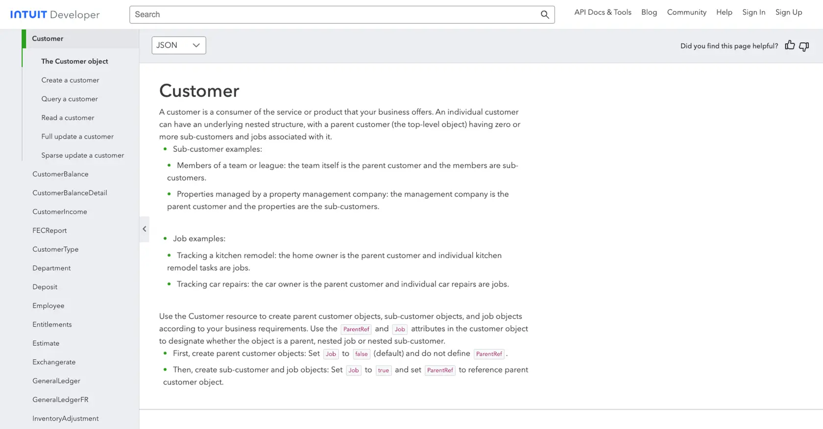 Quickbooks API call documentation page.