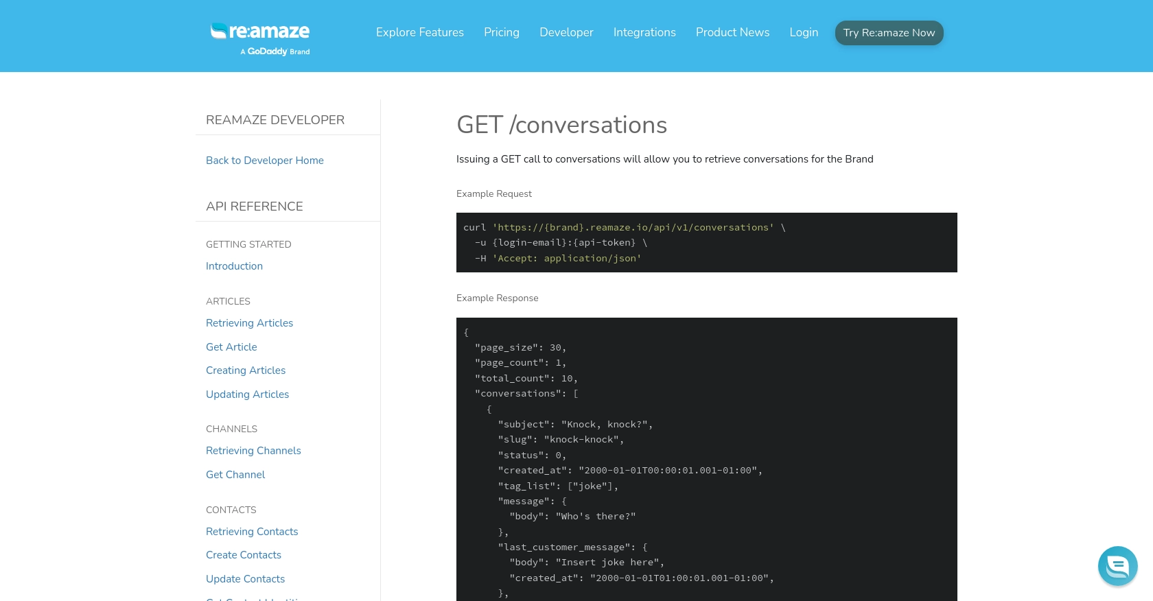 Re:amaze API call documentation page.