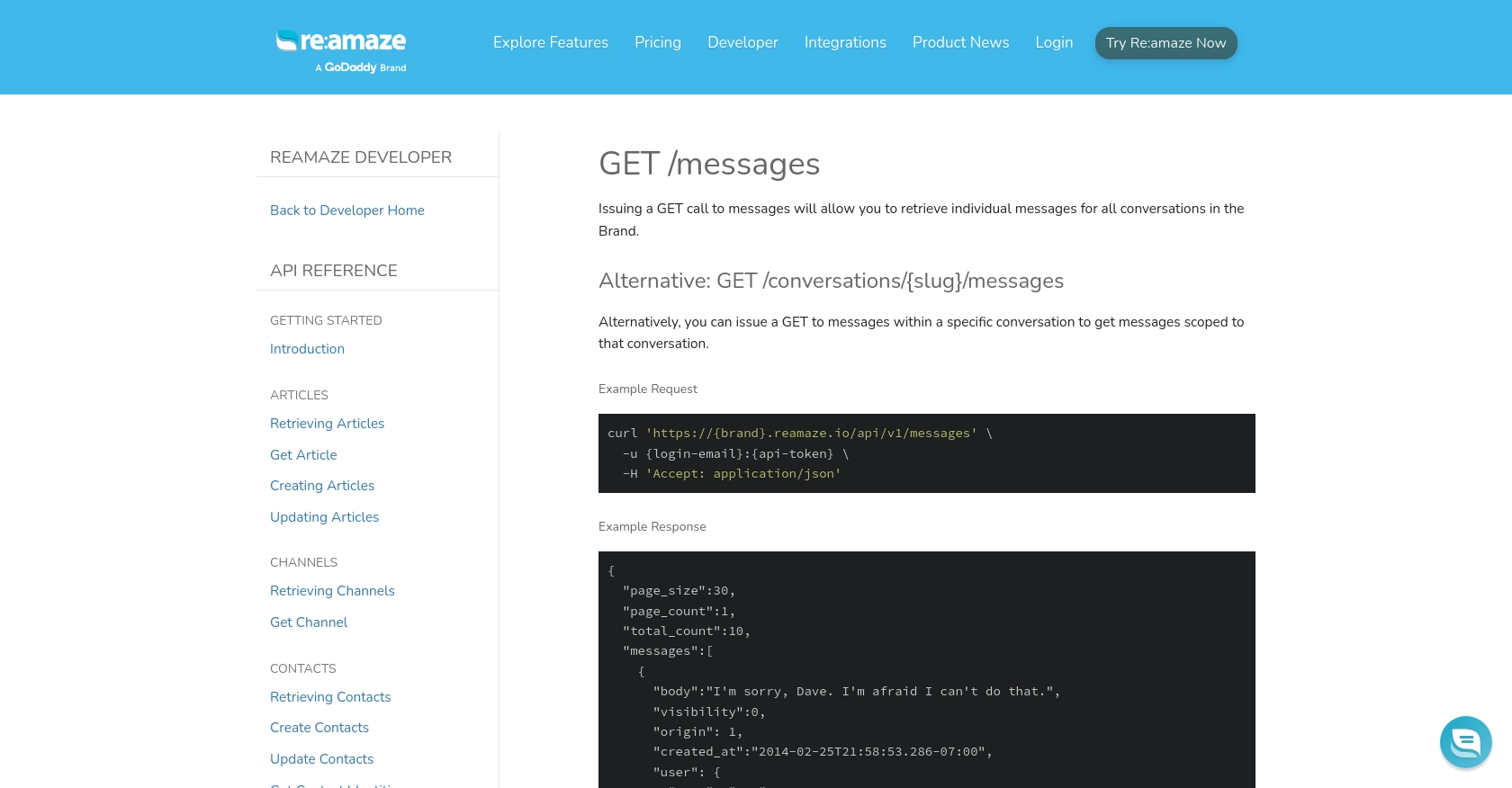 Re:amaze API call documentation page.