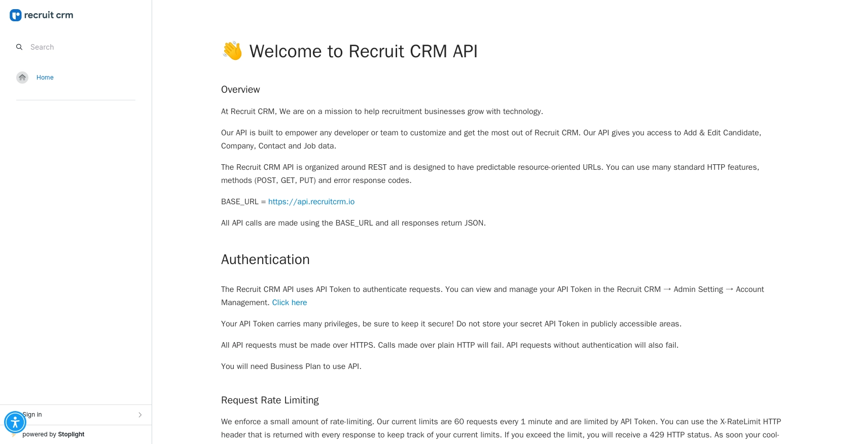 Recruit CRM authentication documentation page.