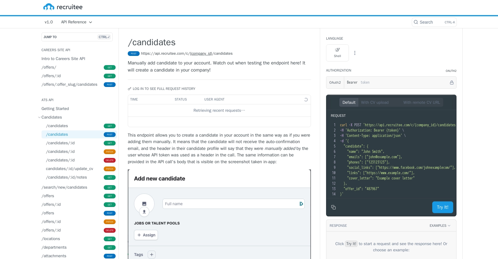 Recruitee API call documentation page.