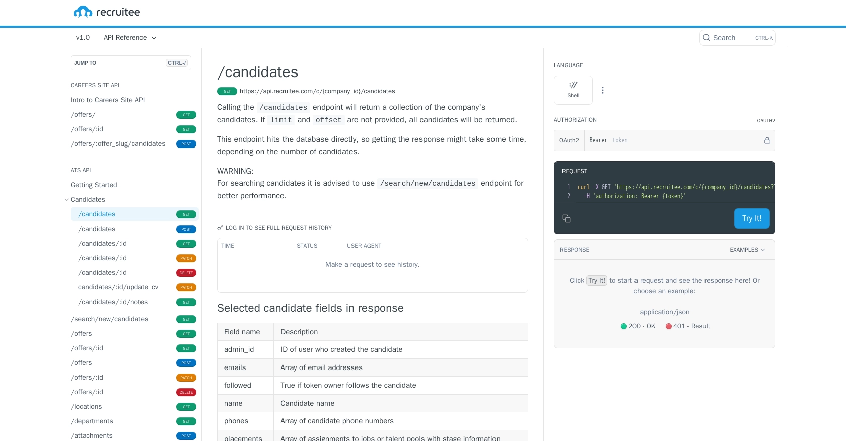 Recruitee API call documentation page.