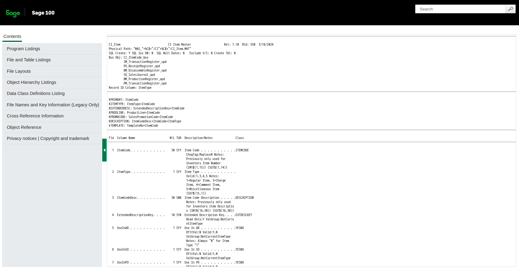 Sage 100 API call documentation page.