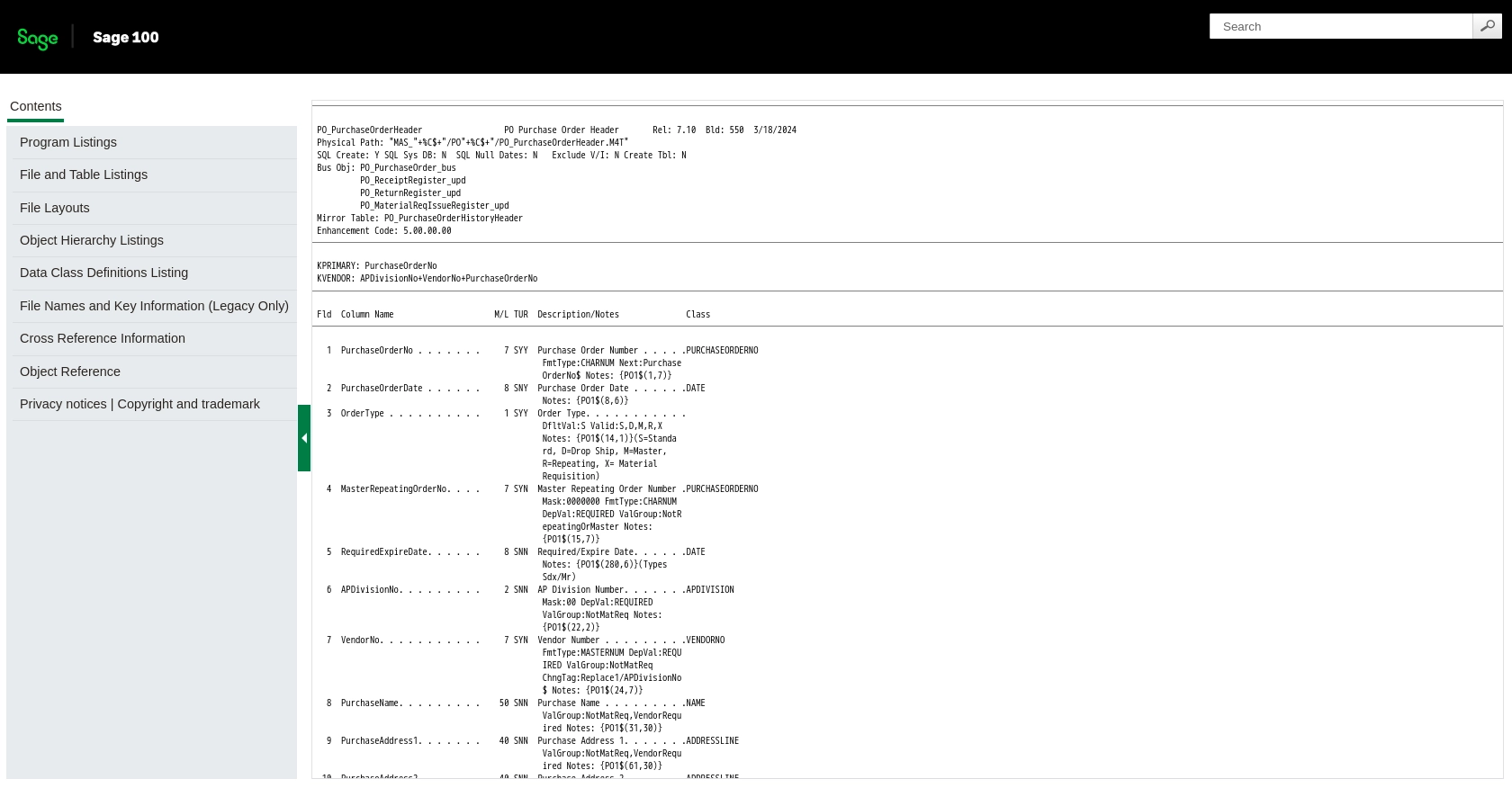 Sage 100 API call documentation page.