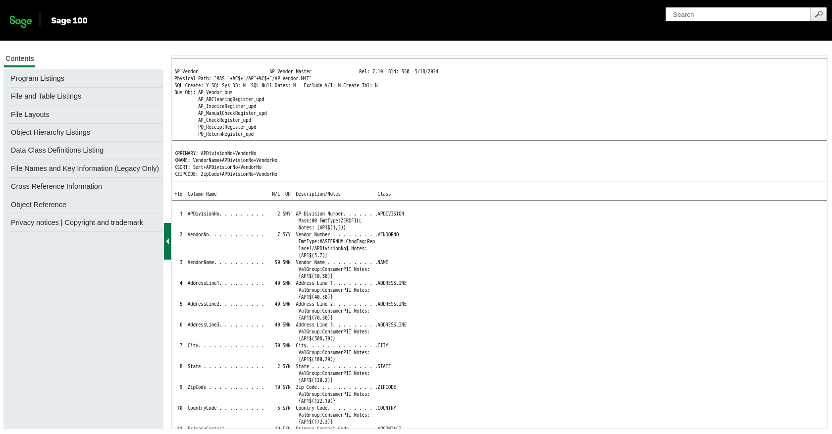 Sage 100 API call documentation page.