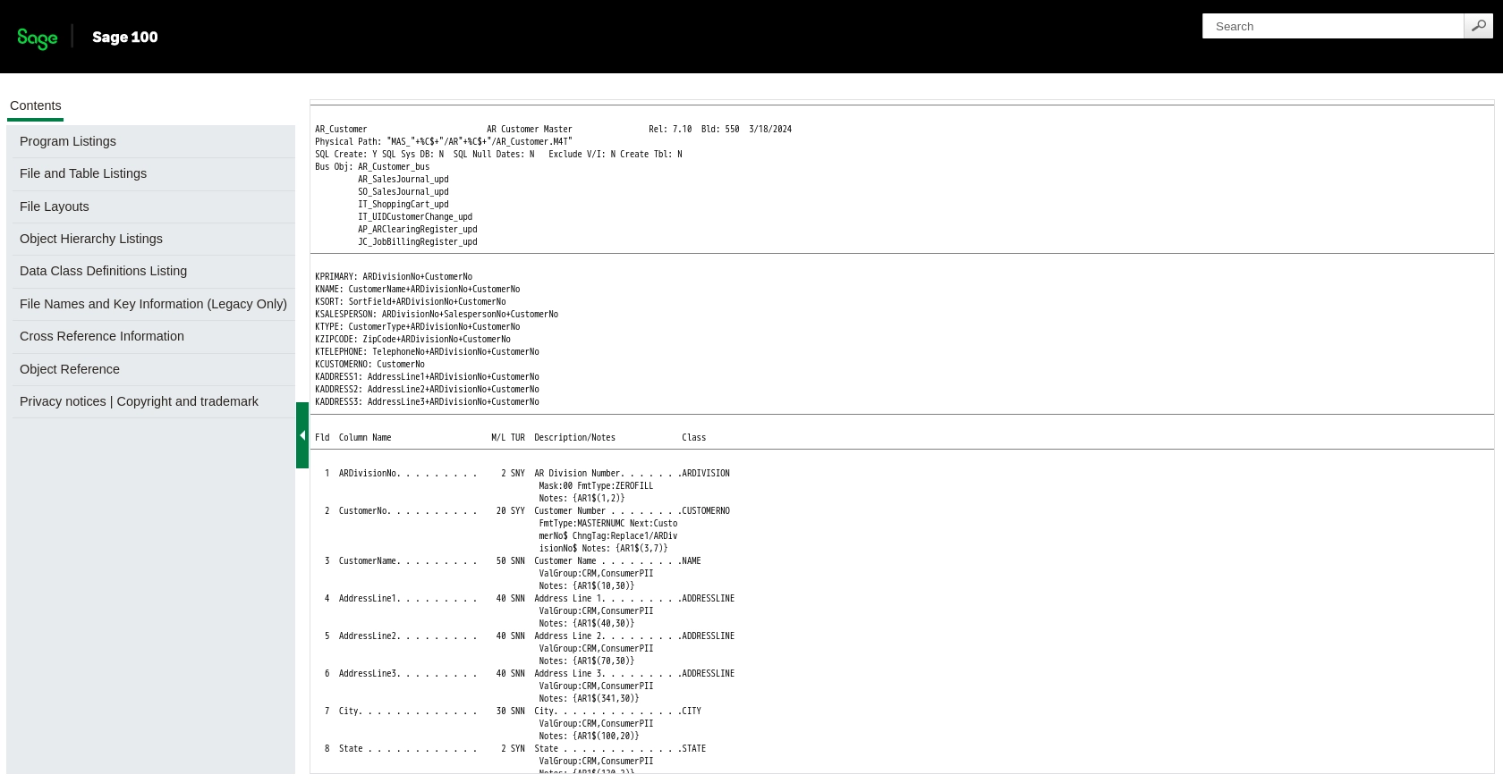 Sage 100 API call documentation page.