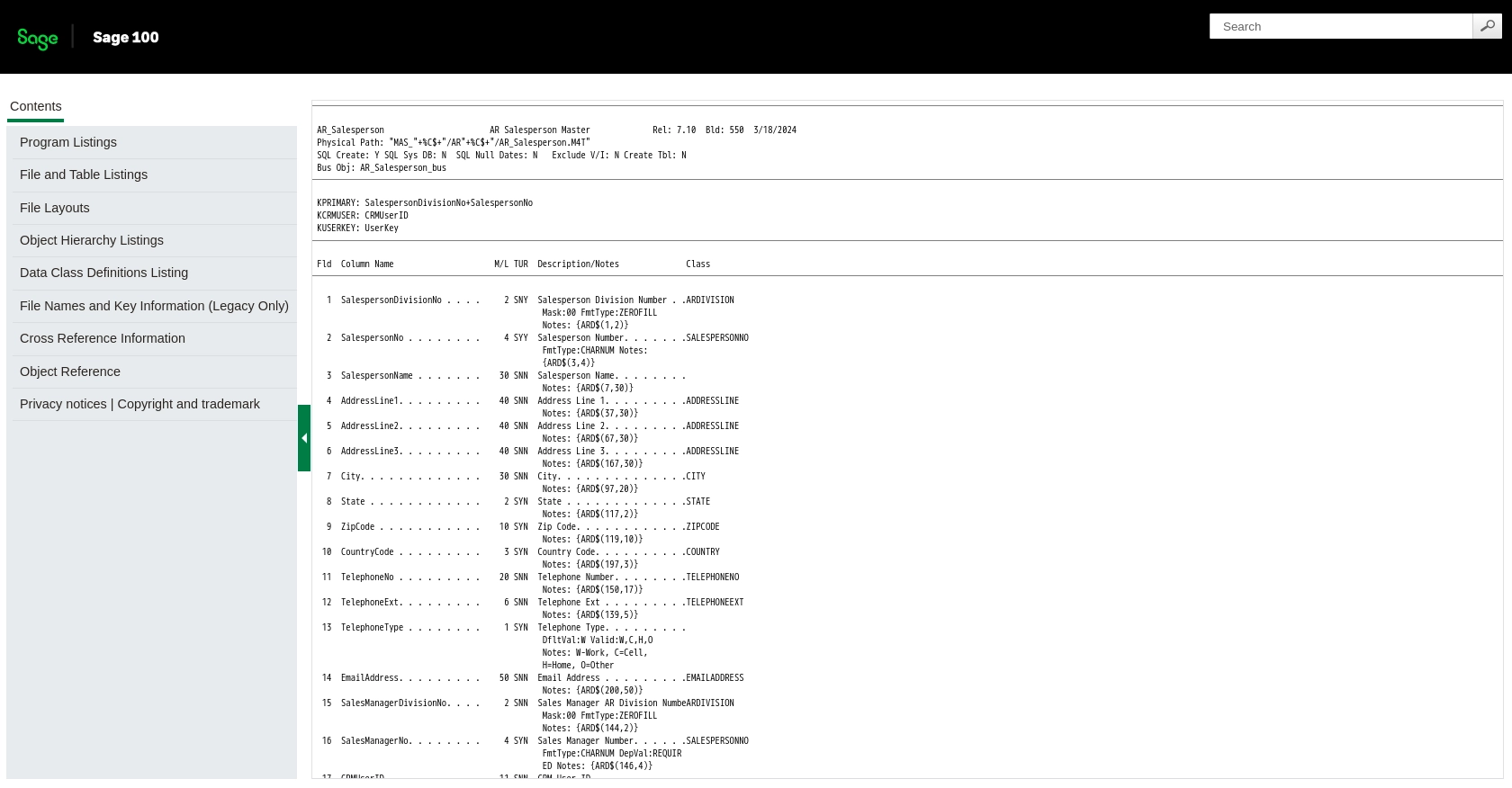 Sage 100 API call documentation page.