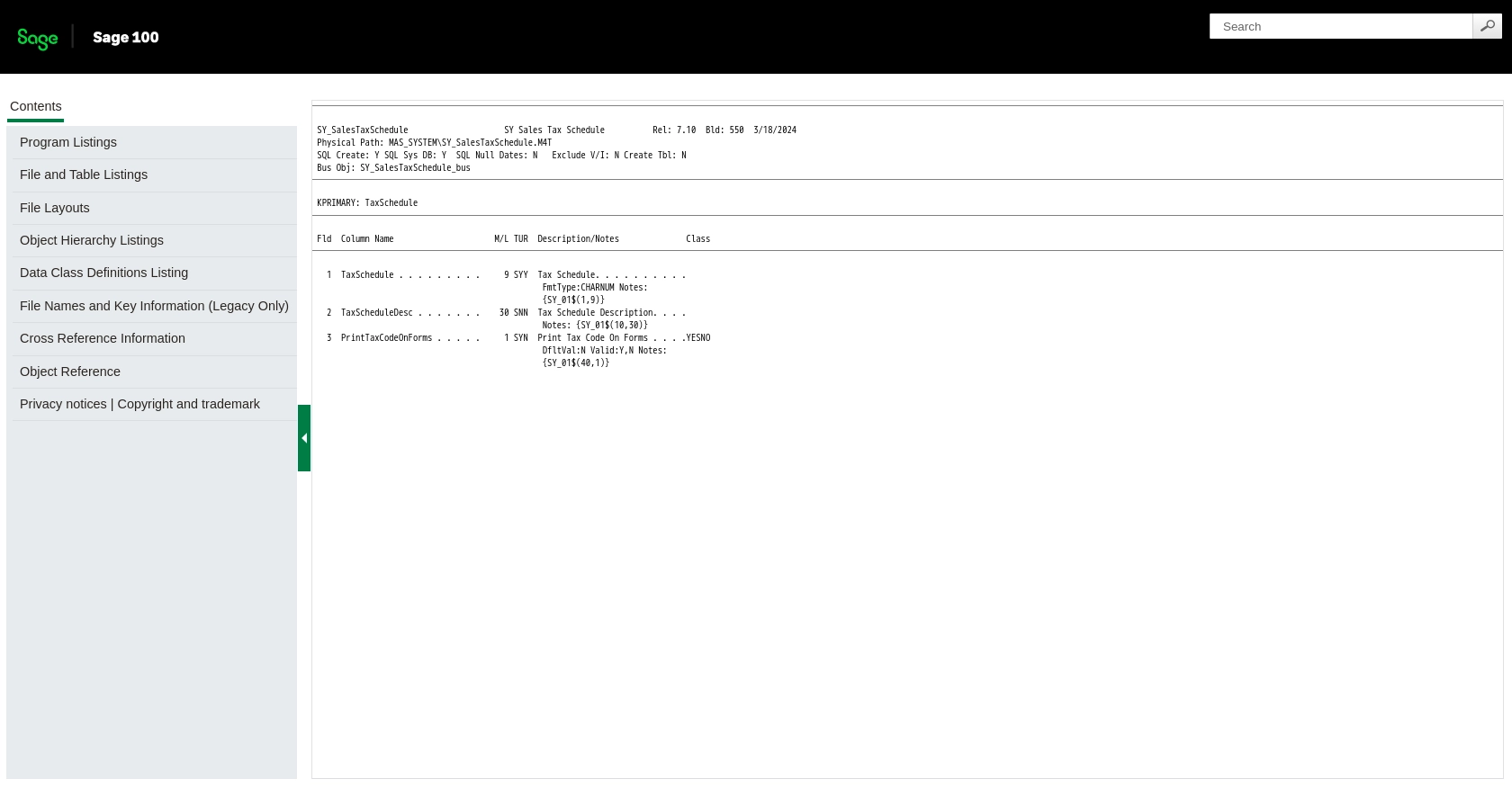 Sage 100 API call documentation page.