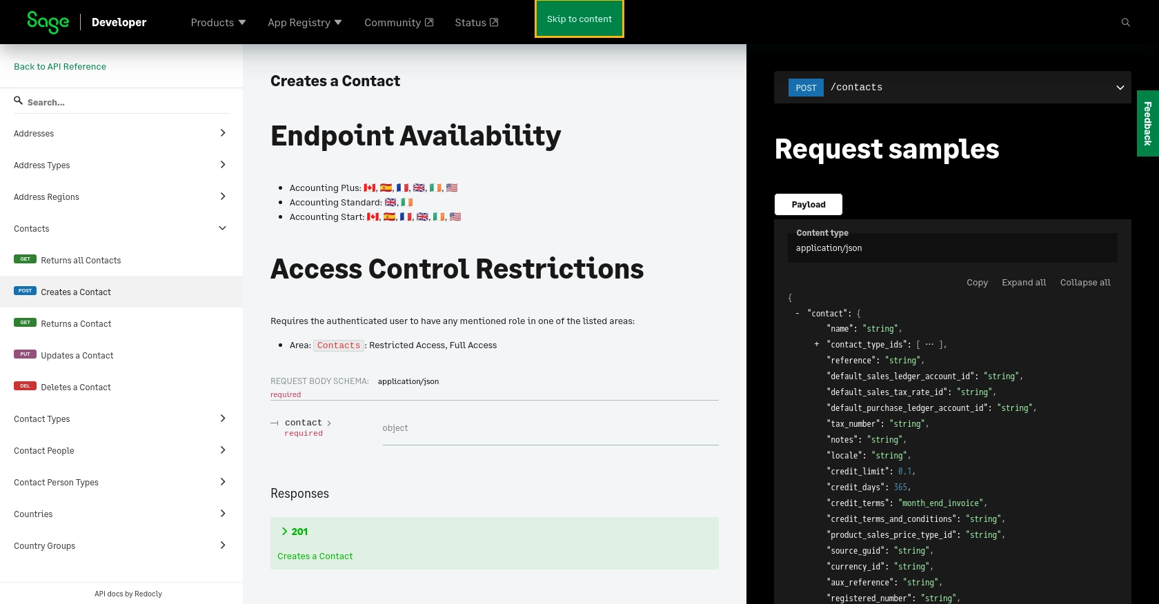 Sage Accounting API call documentation page.