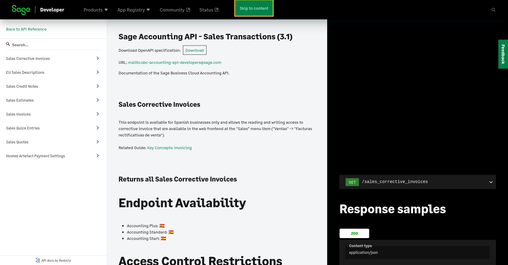 Sage Accounting API call documentation page.