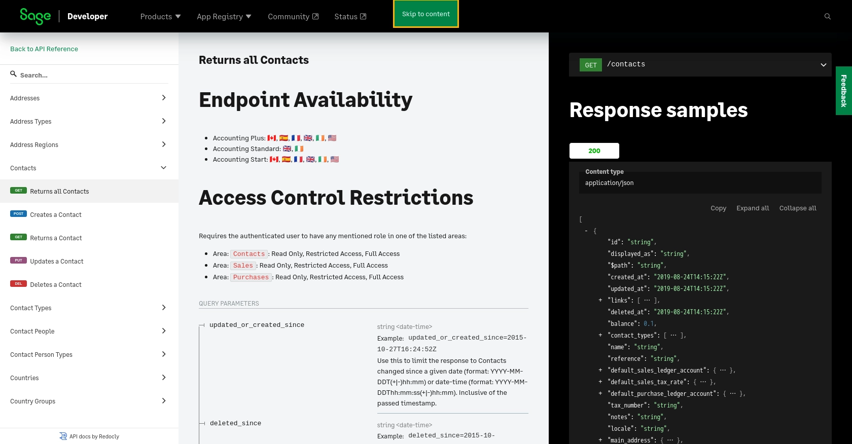 Sage Accounting API call documentation page.