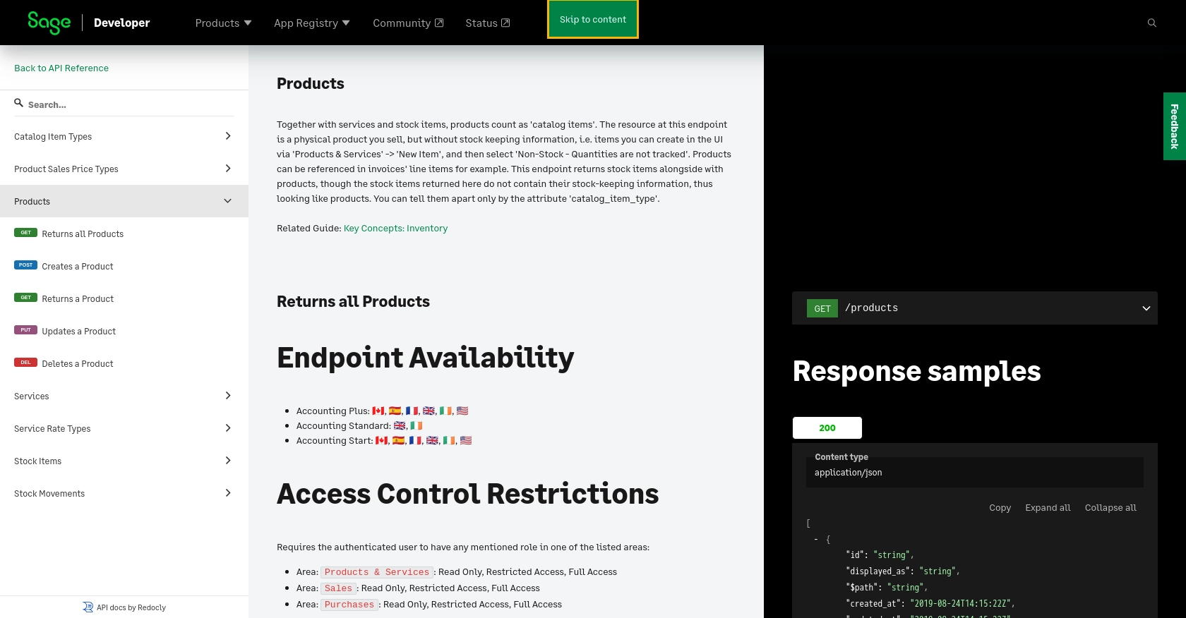 Sage Accounting API call documentation page.